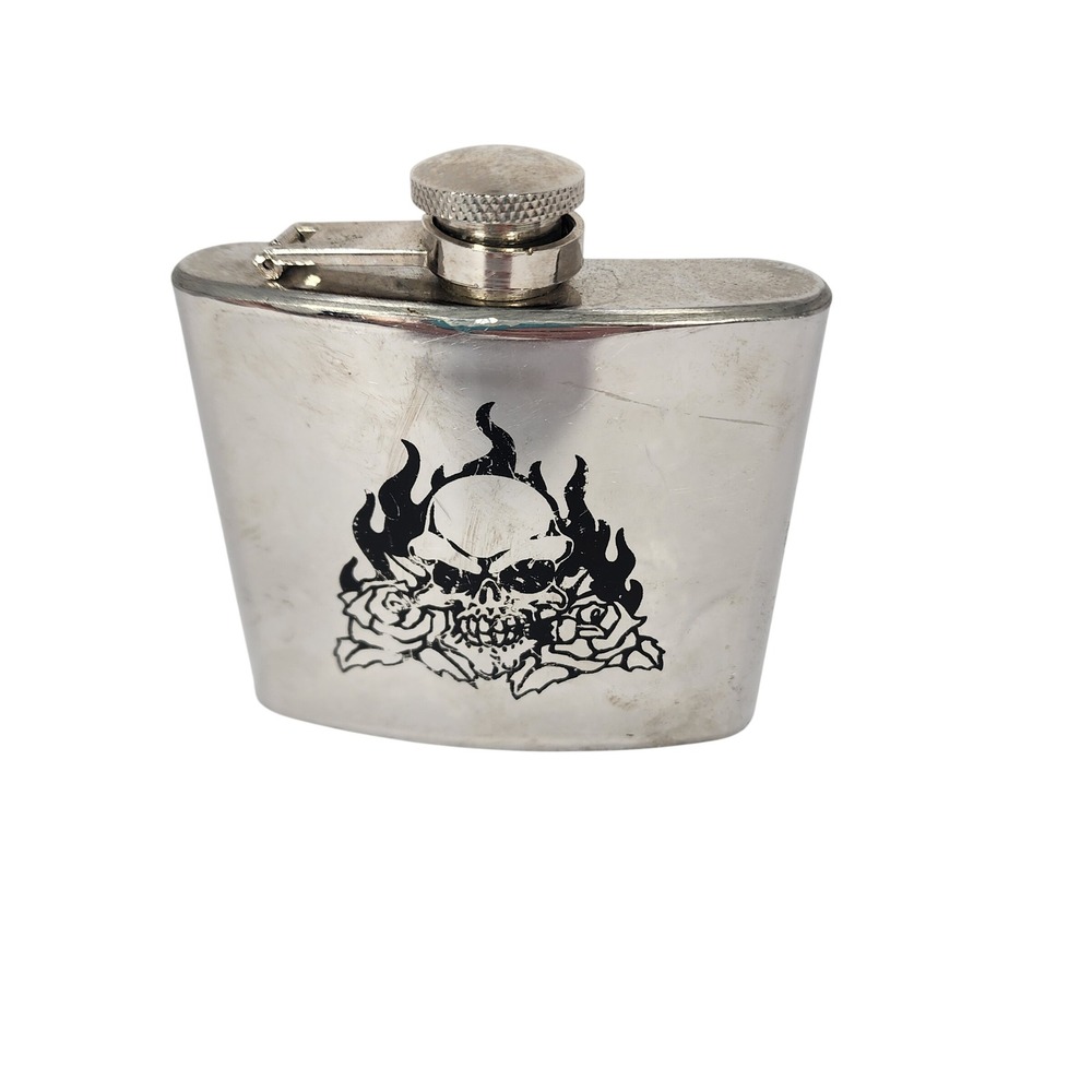 VTG Skull and Roses Stainless Steel Pocket Flask 5oz Silver Gothic Biker Style